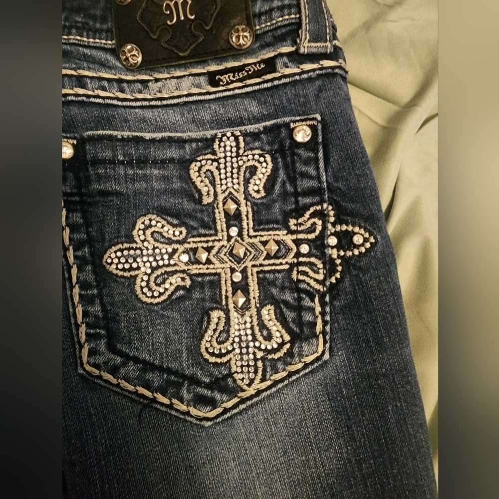 Miss Me Dark Blue Boot Cut Jeans with Rhinestone Cross